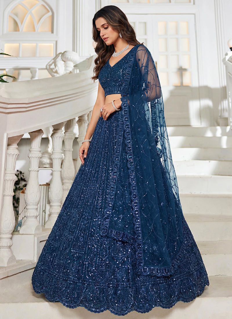 Navy Blue Net Embroidery Work Wedding Wear Lehenga Choli SW491740