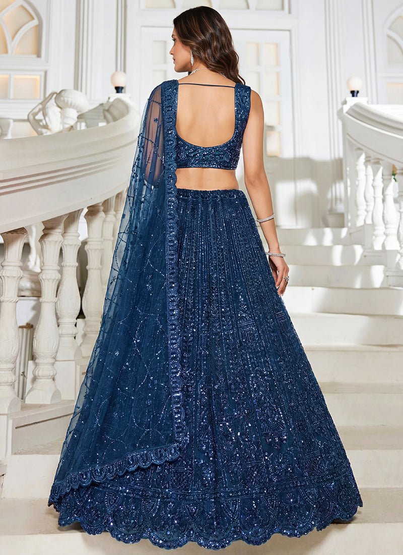 Navy Blue Net Embroidery Work Wedding Wear Lehenga Choli SW491740