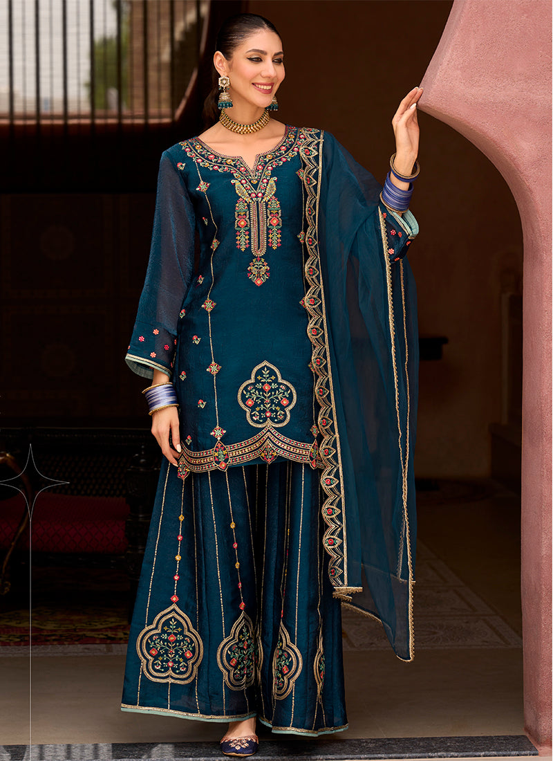 Silk Navy Blue Wedding Wear Embroidery Work Readymade Plazzo Suit 388927
