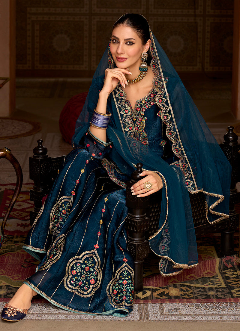 Silk Navy Blue Wedding Wear Embroidery Work Readymade Plazzo Suit 388927