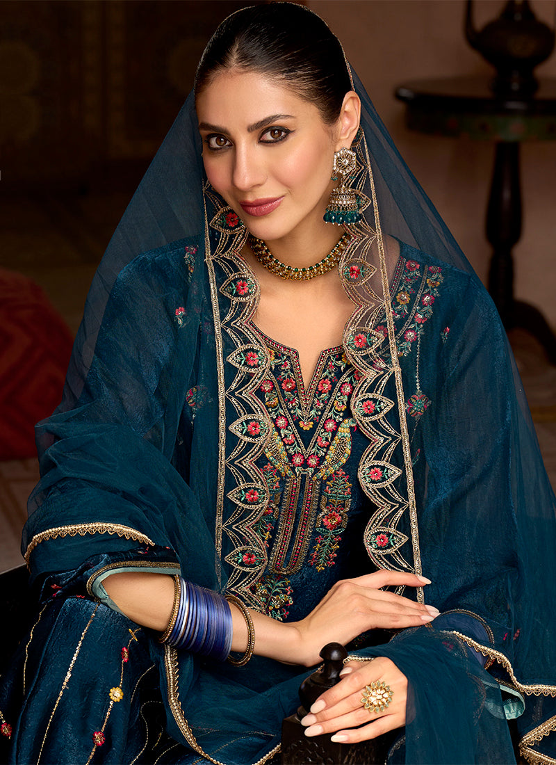 Silk Navy Blue Wedding Wear Embroidery Work Readymade Plazzo Suit 388927