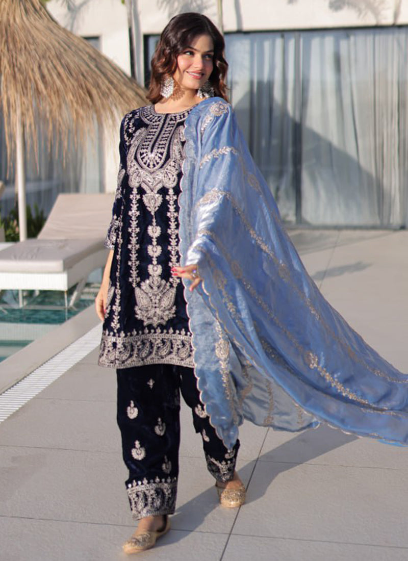 Navy Blue Velvet Zari Work Party Wear Readymade Salwar Suit SW625306