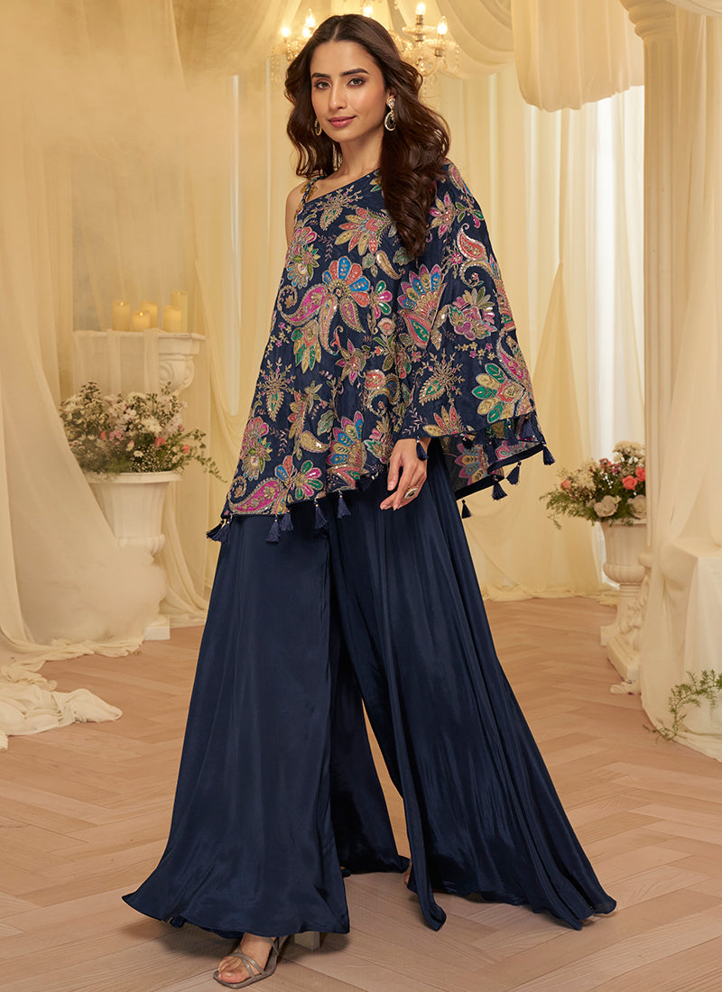 Navy Blue Viscose  Embroidery Work Party Wear Readymade Designer Suit SW438988