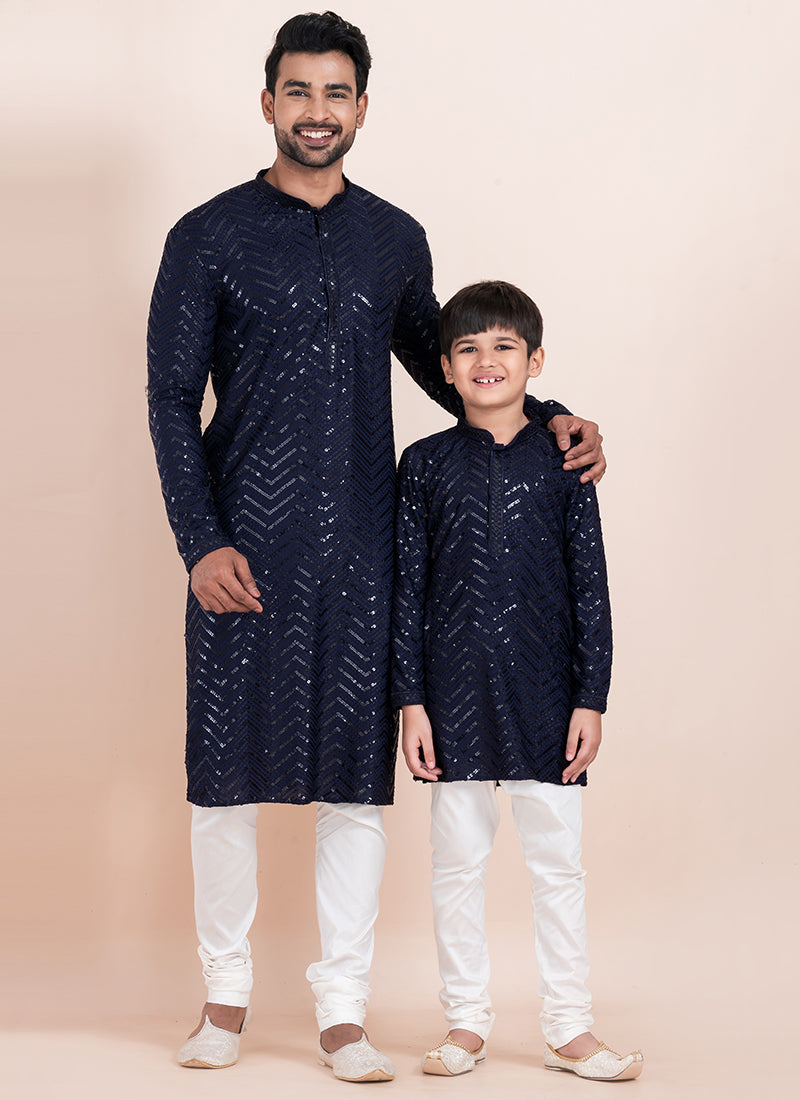 Viscose Rayon Navy Blue Eid Wear Sequins Work Readymade Father Son Combo Set