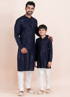 Viscose Rayon Navy Blue Eid Wear Sequins Work Readymade Father Son Combo Set