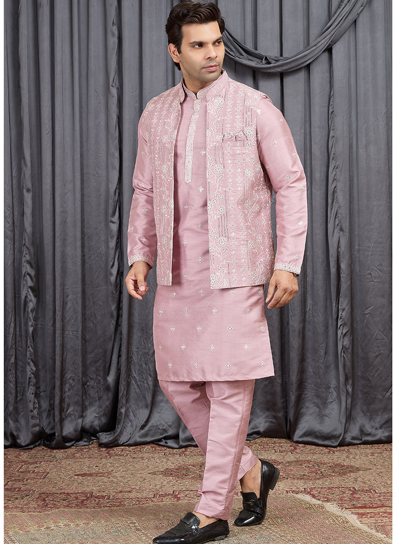 Onion Art Banarasi Silk Patten Pcs Festival Wear Readymade Kurta Pajama With Jacket SW863822