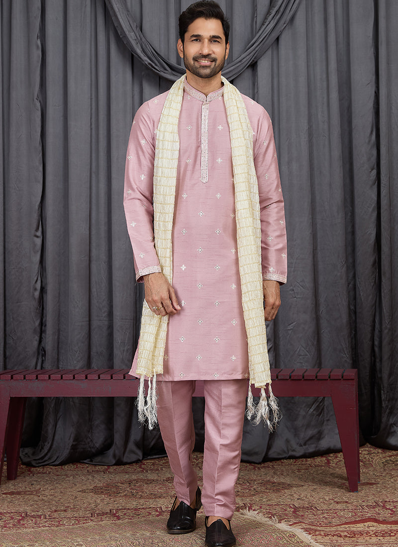 Onion Art Silk Patten Pcs Occasional Wear Readymade Kurta Pajama With Stole SW137969