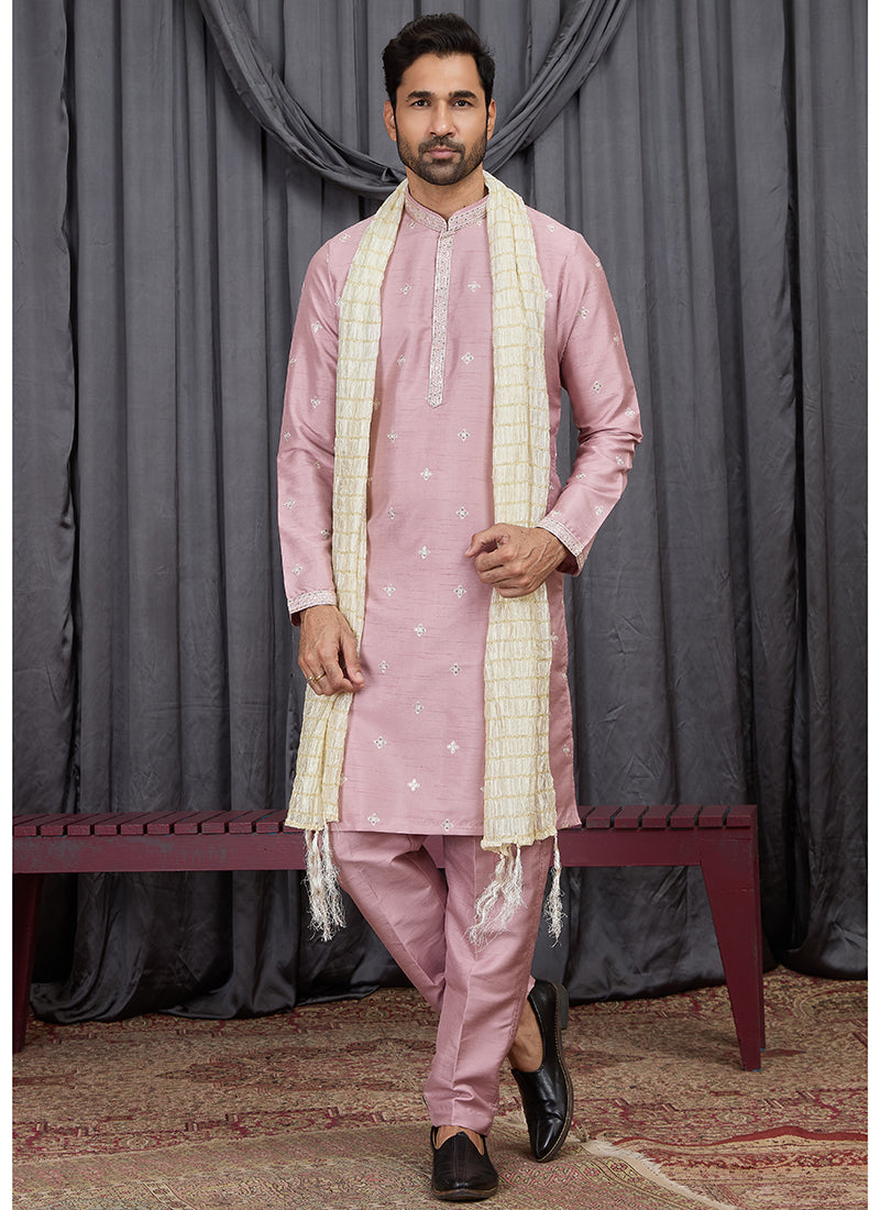 Onion Art Silk Patten Pcs Occasional Wear Readymade Kurta Pajama With Stole SW137969