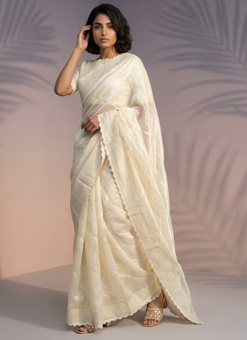 Off White  Rasberry Silk Thread Work Festival Wear Saree SW824408