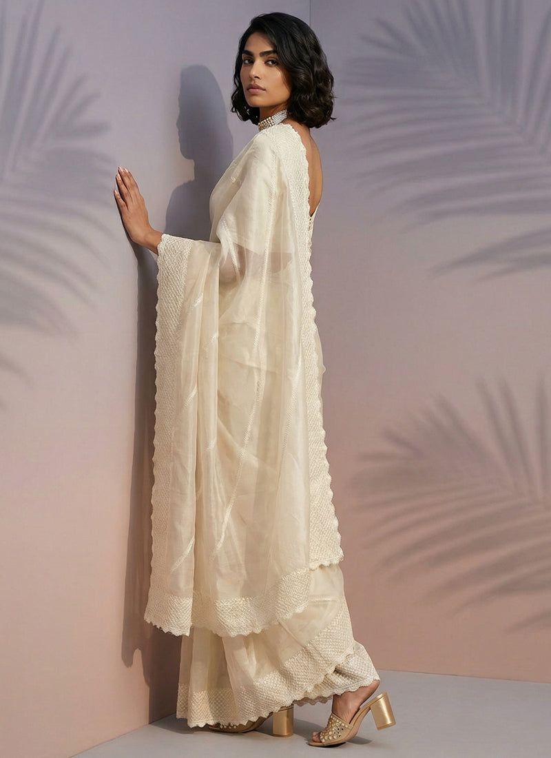 Off White  Rasberry Silk Thread Work Festival Wear Saree SW824408