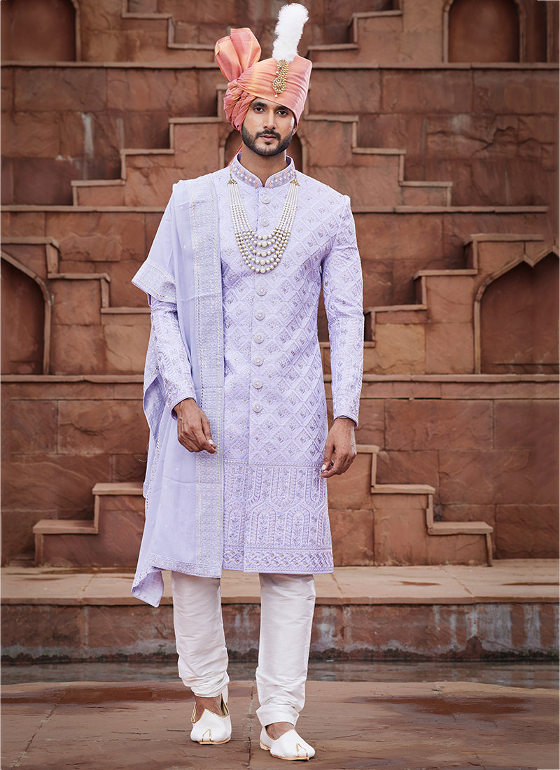 Off White Art Silk Wedding Wear Embroidery Work Readymade Mens Sherwani