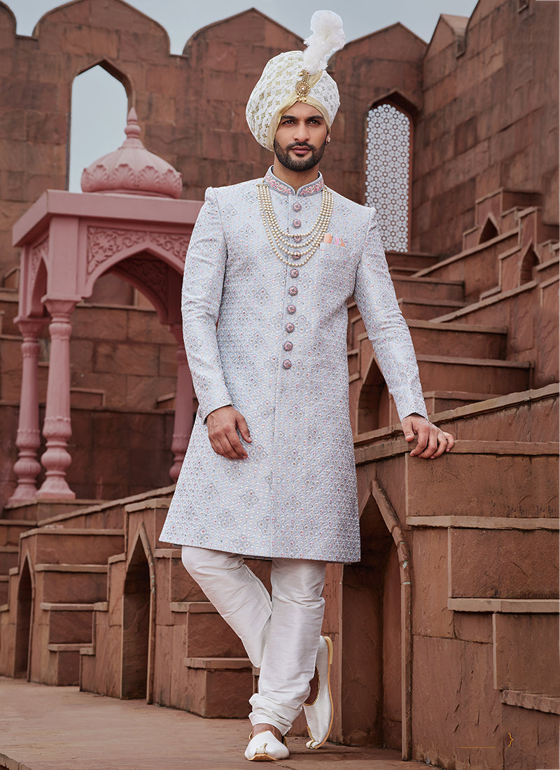 Off White Art Silk Wedding
 Wear Embroidery Work Readymade Mens Sherwani