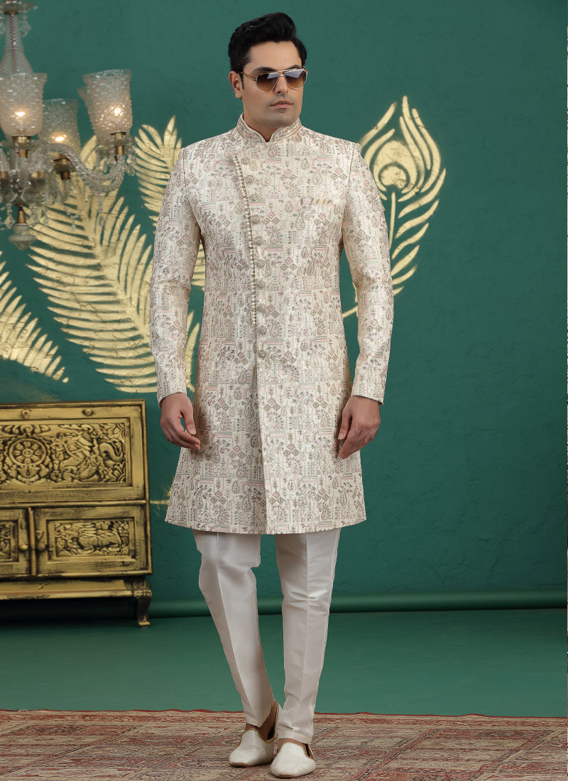 Art Silk Off White Wedding Wear Hand Embroidery Readymade Groom Sherwani