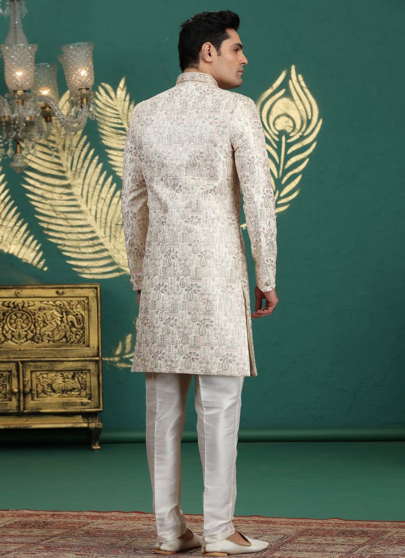 Art Silk Off White Wedding Wear Hand Embroidery Readymade Groom Sherwani