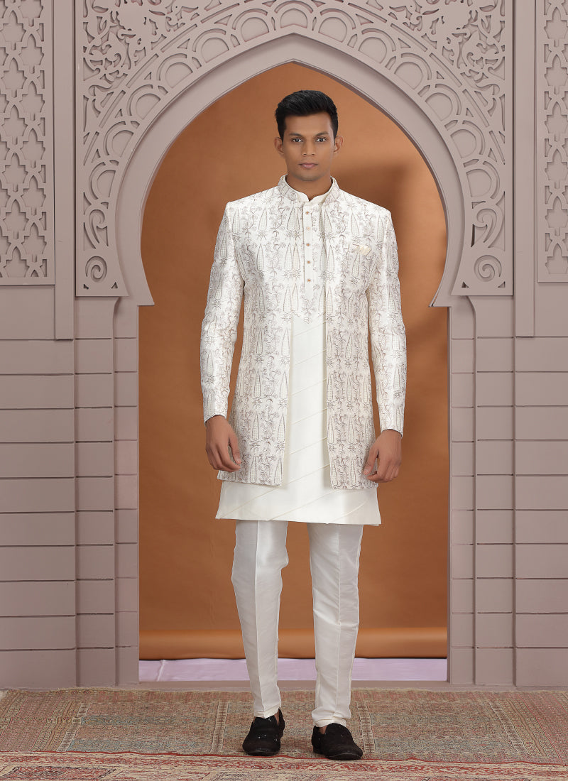 Art Silk Off White Wedding Wear Pattern Pc Work Readymade Indo Western Sherwani