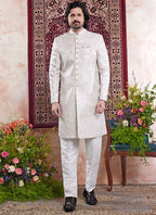 Banarasi Jacquard Off White Wedding Wear Pattern Pc Work Readymade Sherwani