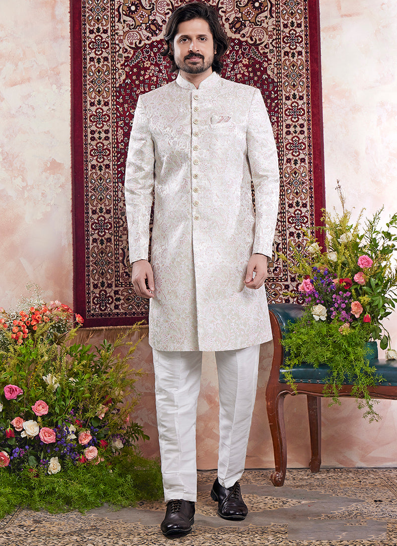 Banarasi Jacquard Off White Wedding Wear Pattern Pc Work Readymade Sherwani
