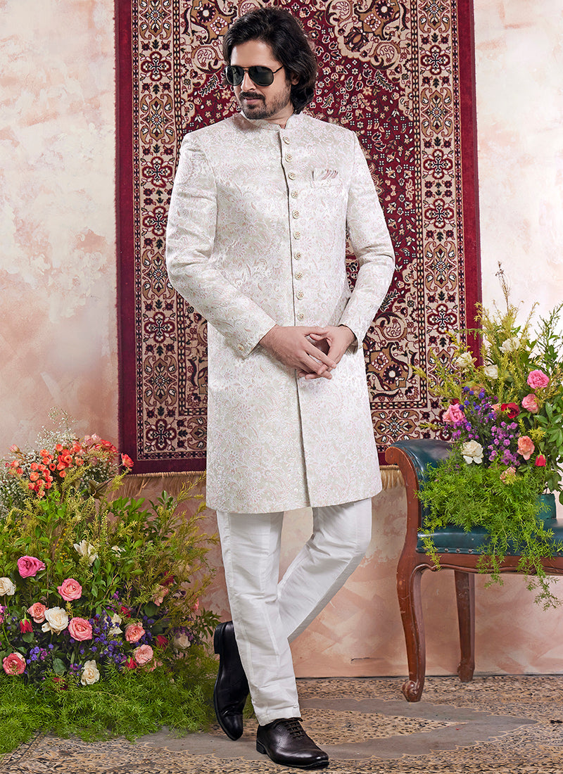 Banarasi Jacquard Off White Wedding Wear Pattern Pc Work Readymade Sherwani