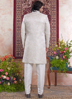 Banarasi Jacquard Off White Wedding Wear Pattern Pc Work Readymade Sherwani