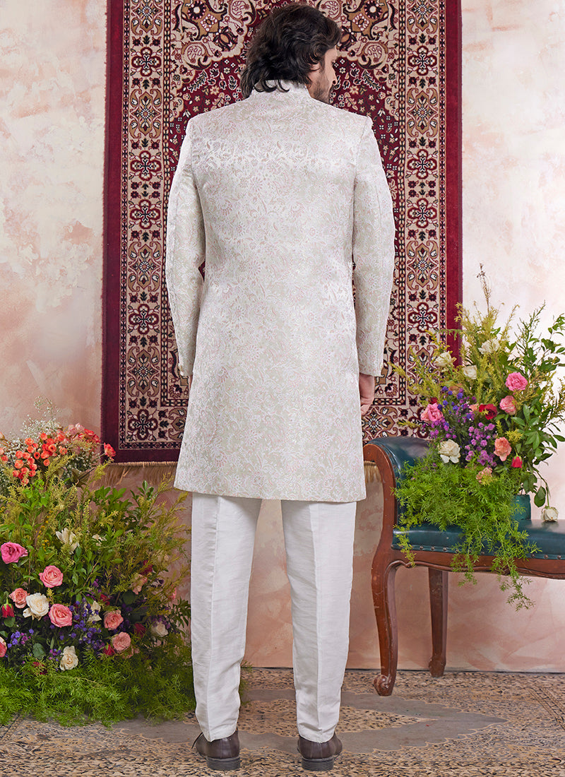 Banarasi Jacquard Off White Wedding Wear Pattern Pc Work Readymade Sherwani