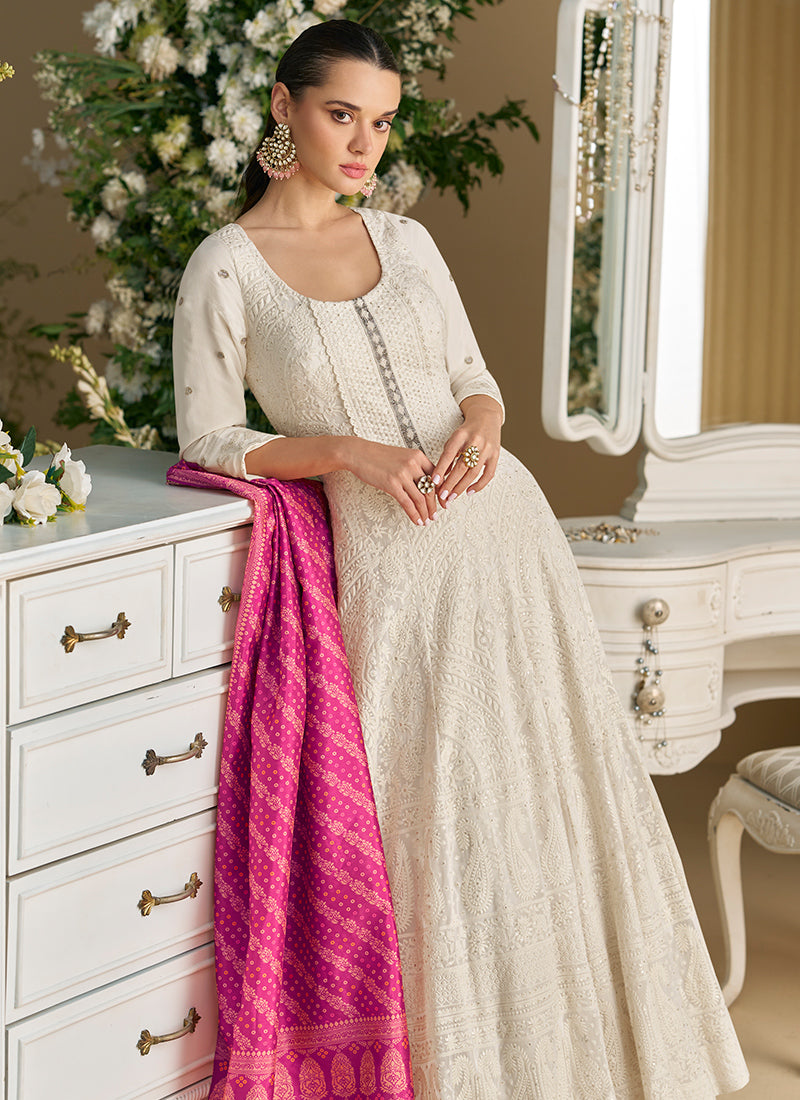 Off White Georgette Embroidery Work Wedding Wear Readymade Anarkali Suit SW711742