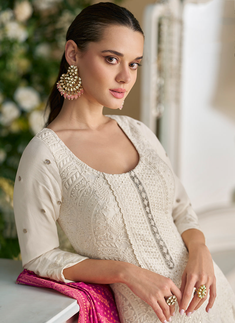 Off White Georgette Embroidery Work Wedding Wear Readymade Anarkali Suit SW711742