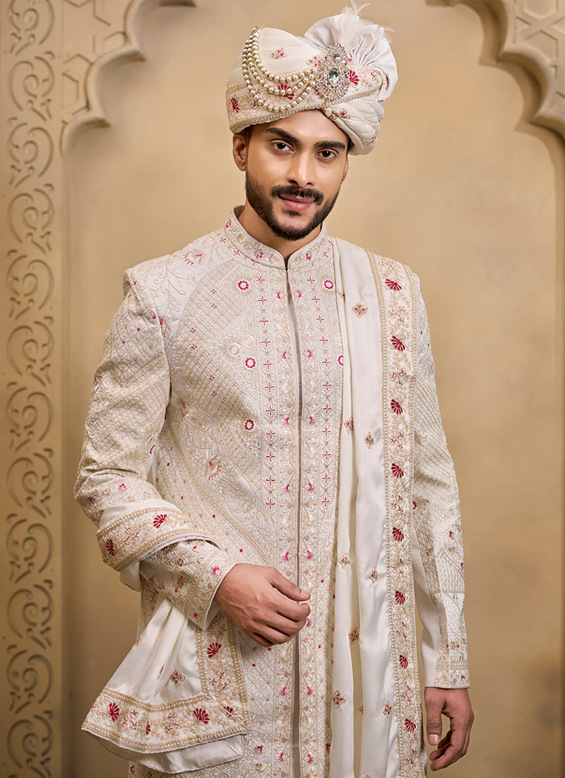 Off White Heavy Silk Heavy Embroidery Work Wedding Wear Readymade Groom Sherwani SW496737