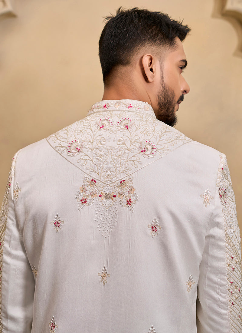 Off White Heavy Silk Heavy Embroidery Work Wedding Wear Readymade Groom Sherwani SW496737