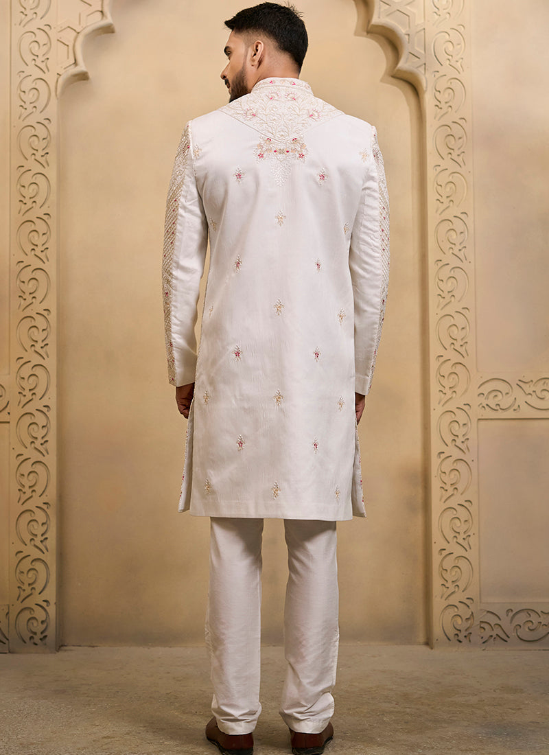 Off White Heavy Silk Heavy Embroidery Work Wedding Wear Readymade Groom Sherwani SW496737