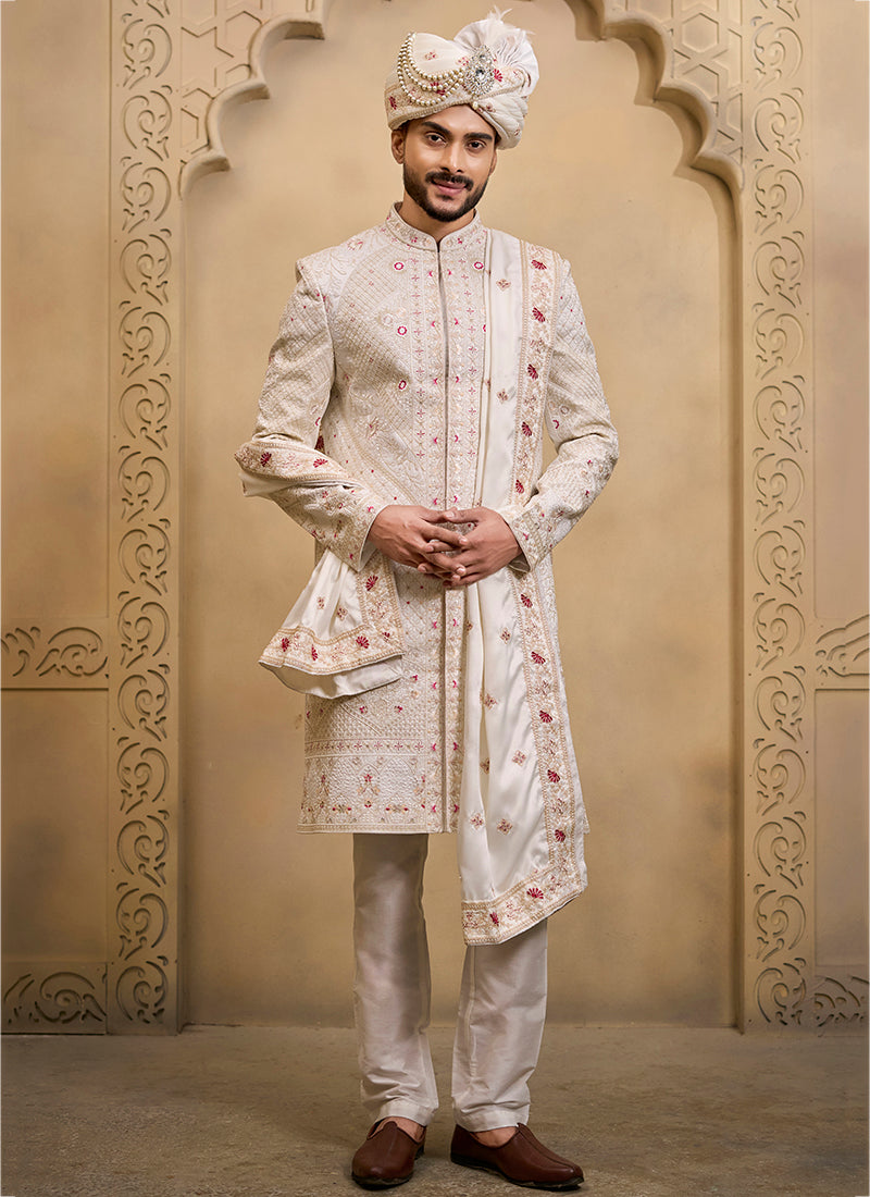 Off White Heavy Silk Heavy Embroidery Work Wedding Wear Readymade Groom Sherwani SW496737