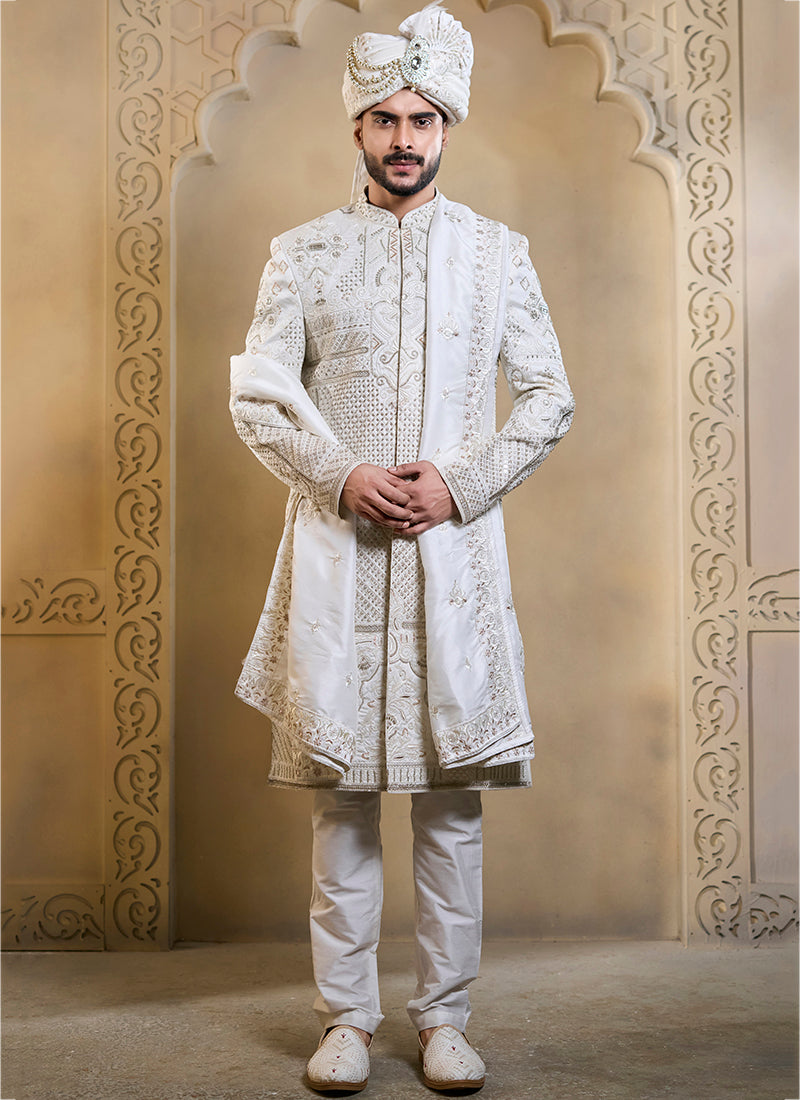 Off White Heavy Silk Heavy Embroidery Work Wedding Wear Readymade Groom Sherwani SW682122