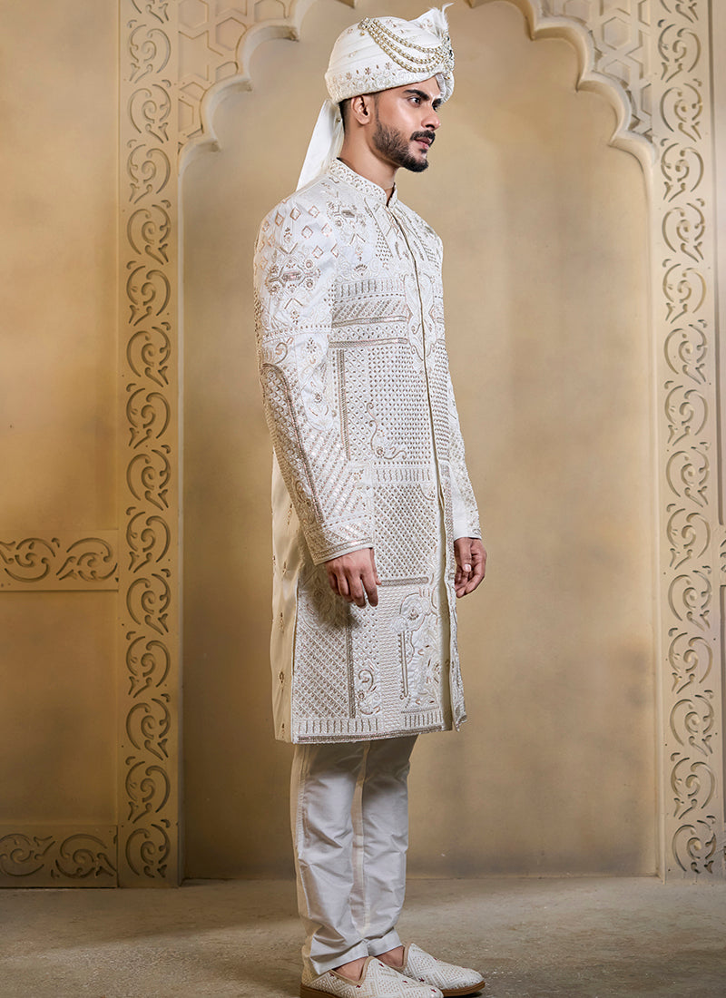 Off White Heavy Silk Heavy Embroidery Work Wedding Wear Readymade Groom Sherwani SW682122
