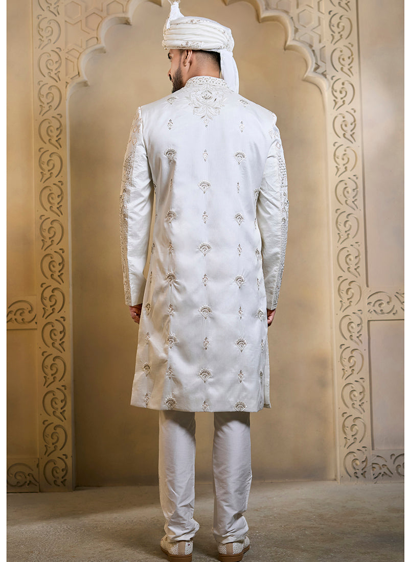 Off White Heavy Silk Heavy Embroidery Work Wedding Wear Readymade Groom Sherwani SW682122
