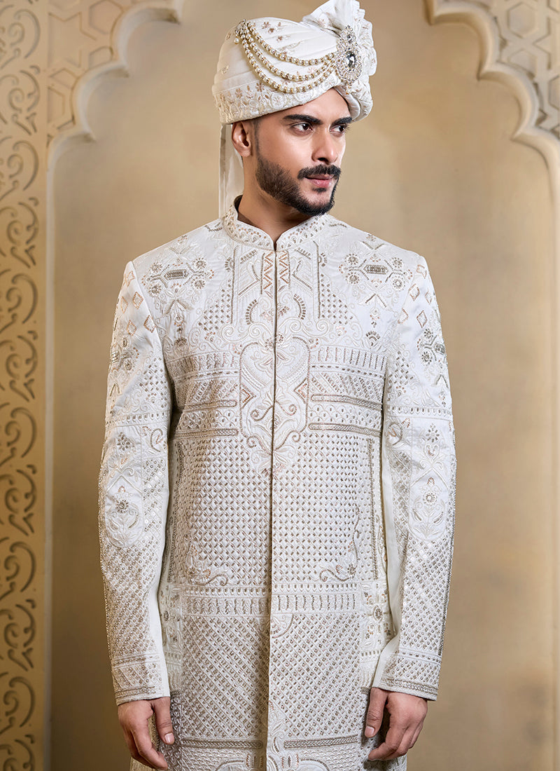 Off White Heavy Silk Heavy Embroidery Work Wedding Wear Readymade Groom Sherwani SW682122