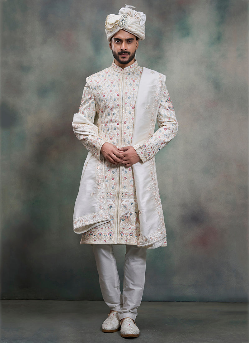 Off White Heavy Silk Heavy Embroidery Work Wedding Wear Readymade Groom Sherwani SW178791