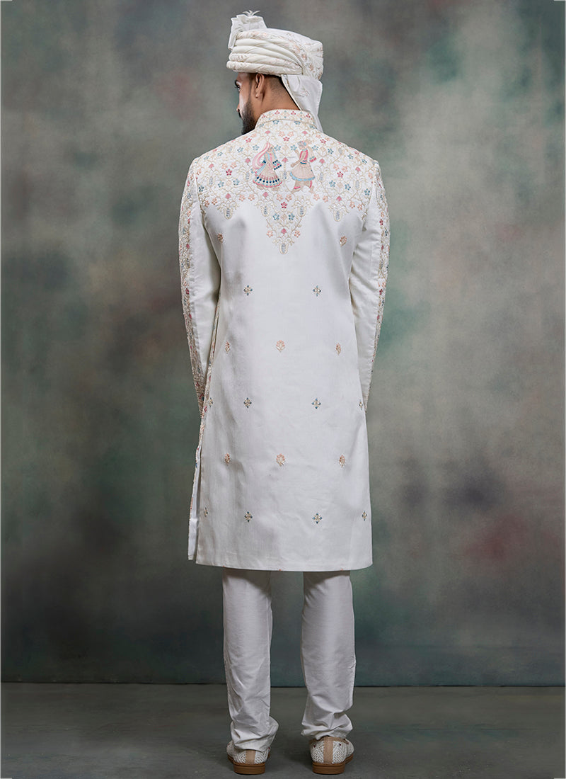 Off White Heavy Silk Heavy Embroidery Work Wedding Wear Readymade Groom Sherwani SW178791