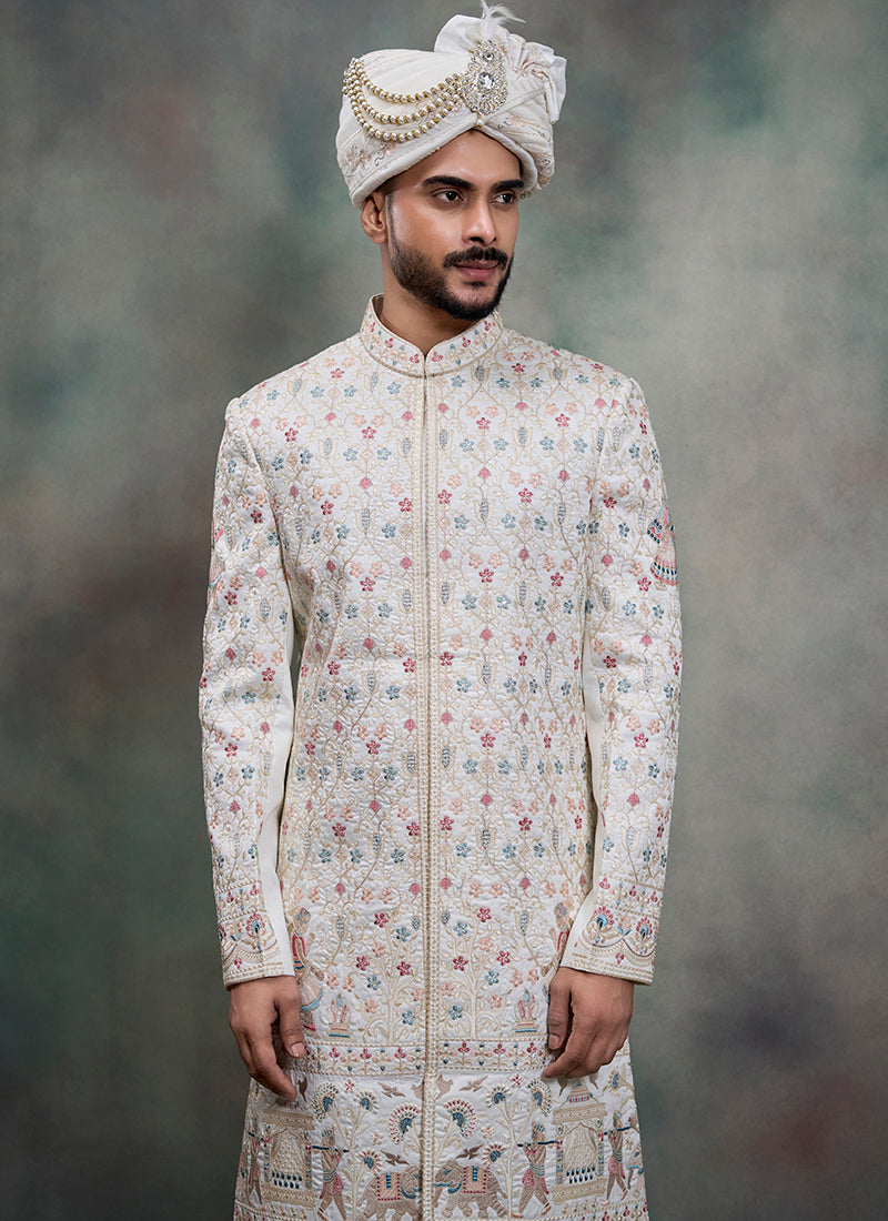 Off White Heavy Silk Heavy Embroidery Work Wedding Wear Readymade Groom Sherwani SW178791