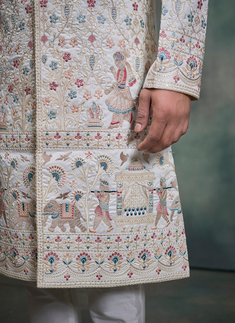 Off White Heavy Silk Heavy Embroidery Work Wedding Wear Readymade Groom Sherwani SW178791