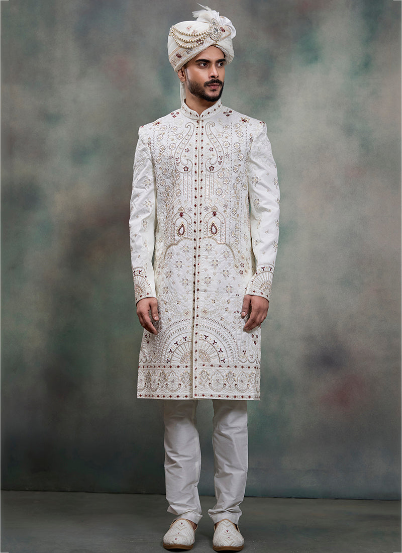 Off White Heavy Silk Heavy Embroidery Work Wedding Wear Readymade Groom Sherwani SW407770