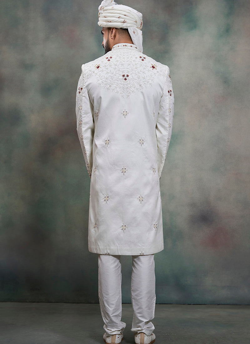 Off White Heavy Silk Heavy Embroidery Work Wedding Wear Readymade Groom Sherwani SW407770