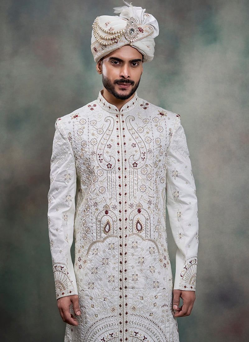 Off White Heavy Silk Heavy Embroidery Work Wedding Wear Readymade Groom Sherwani SW407770