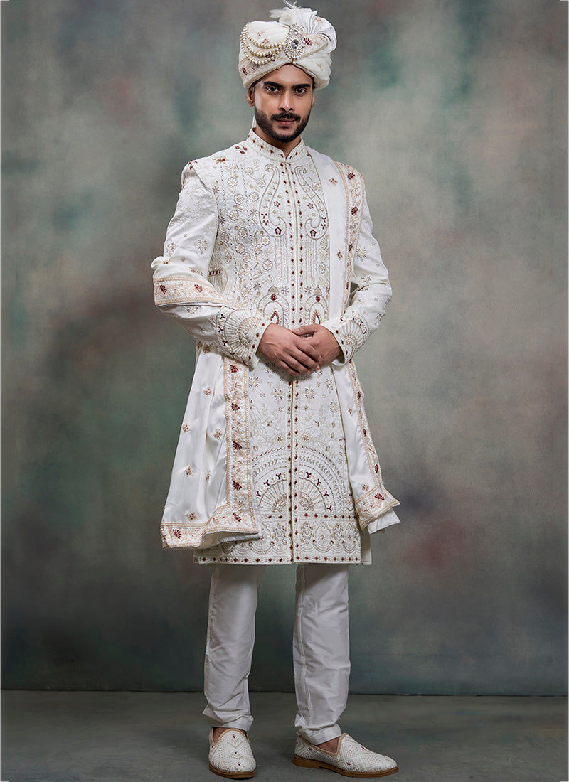 Off White Heavy Silk Heavy Embroidery Work Wedding Wear Readymade Groom Sherwani SW407770