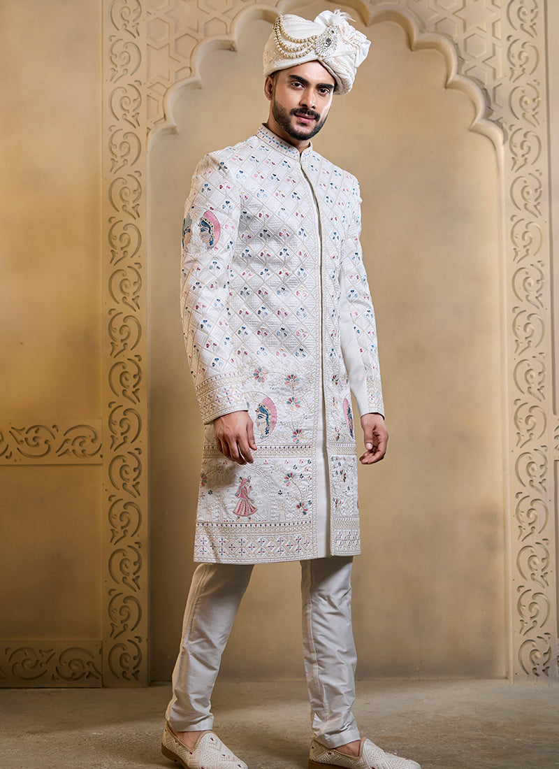 Off White Heavy Silk Heavy Embroidery Work Wedding Wear Readymade Groom Sherwani SW496503