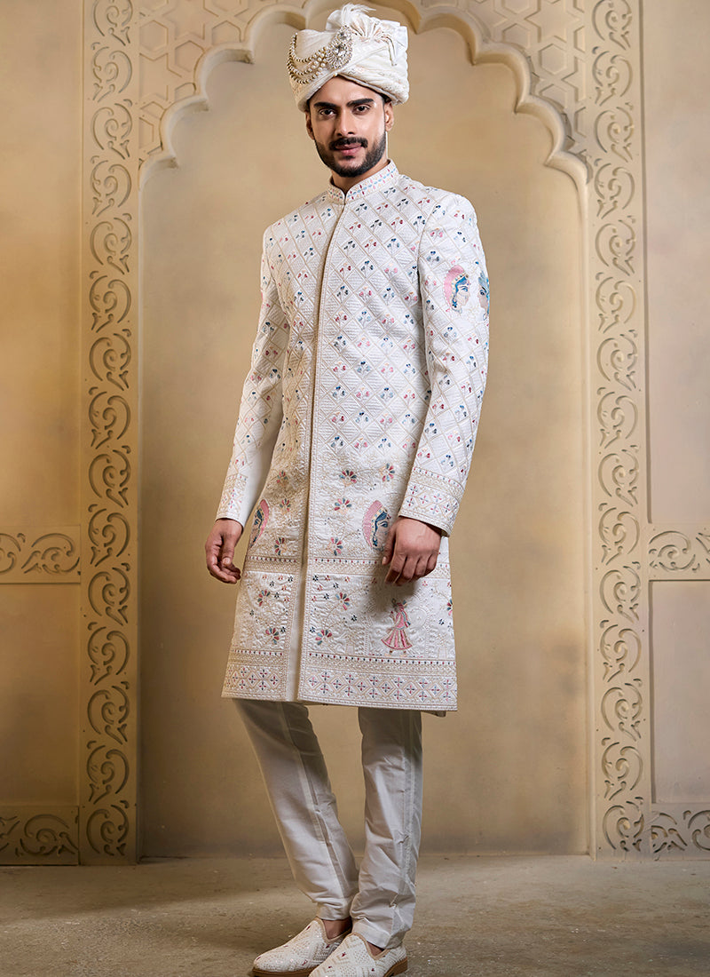Off White Heavy Silk Heavy Embroidery Work Wedding Wear Readymade Groom Sherwani SW496503