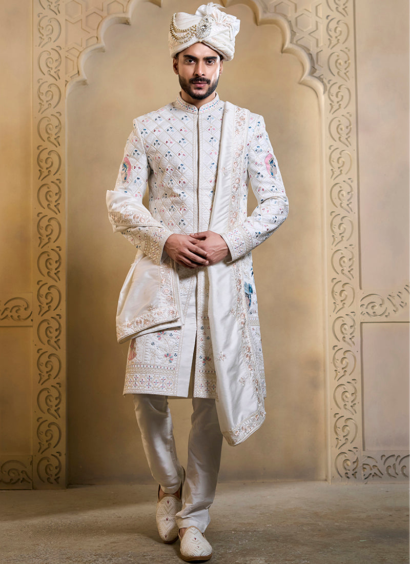 Off White Heavy Silk Heavy Embroidery Work Wedding Wear Readymade Groom Sherwani SW496503
