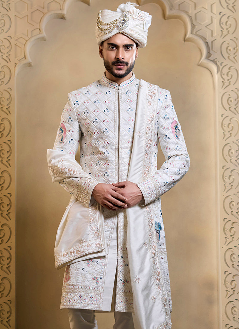Off White Heavy Silk Heavy Embroidery Work Wedding Wear Readymade Groom Sherwani SW496503