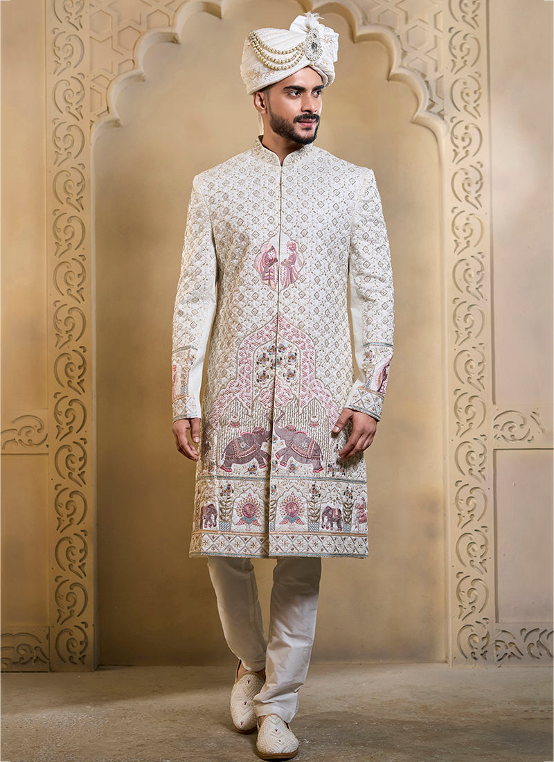 Off White Heavy Silk Heavy Embroidery Work Wedding Wear Readymade Groom Sherwani SW428666