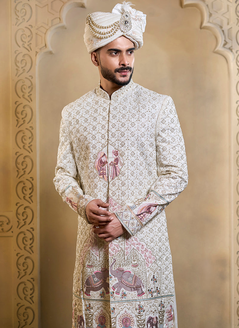 Off White Heavy Silk Heavy Embroidery Work Wedding Wear Readymade Groom Sherwani SW428666