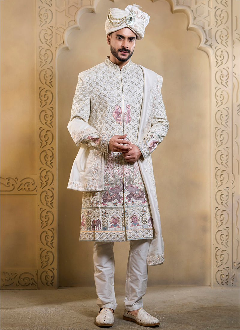 Off White Heavy Silk Heavy Embroidery Work Wedding Wear Readymade Groom Sherwani SW428666