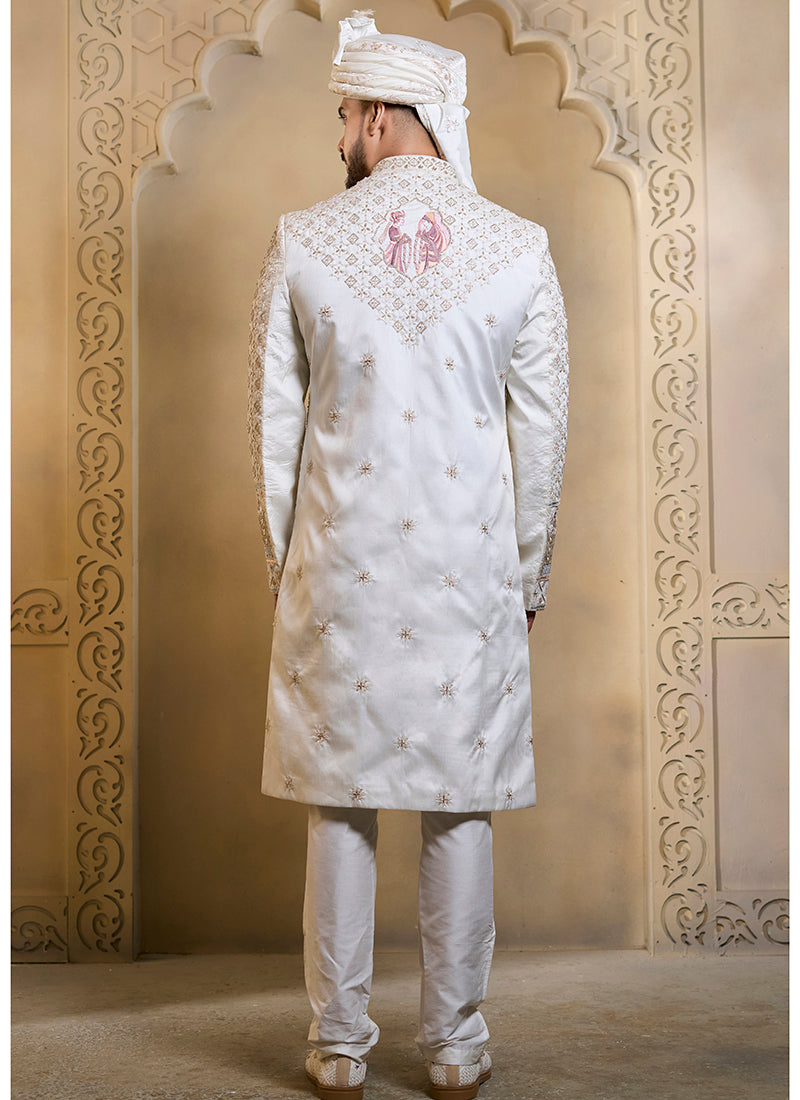 Off White Heavy Silk Heavy Embroidery Work Wedding Wear Readymade Groom Sherwani SW428666